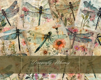 Watercolor Dragonfly Junk Journal Kit Vintage Digital Papers Bohemian Printable Page Scrapbooking Dragonflies Shabby Chic Instant Download