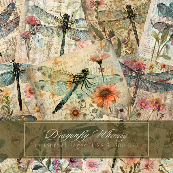 Watercolor Dragonfly Junk Journal Kit Vintage Digital Papers Bohemian Printable Page Scrapbooking Dragonflies Shabby Chic Instant Download