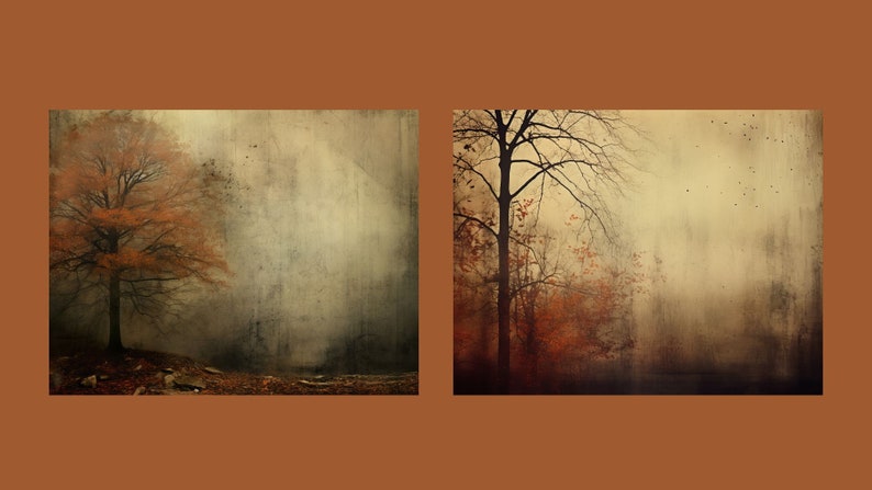 Puede incluir: Dos fotograf&iacute;as de paisajes atmosf&eacute;ricos y melanc&oacute;licos de &aacute;rboles en un bosque brumoso. La primera imagen presenta un &aacute;rbol &uacute;nico con hojas naranjas en primer plano. La segunda imagen presenta un &aacute;rbol alto y desnudo en primer plano con un grupo de &aacute;rboles con hojas naranjas en el fondo.