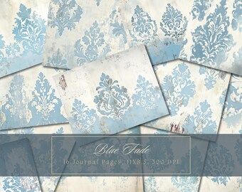May include: Ten digital journal pages with a blue and white damask pattern. The pages have a distressed, faded look.  Blue Fade, 11x8.5, 300 DPI.