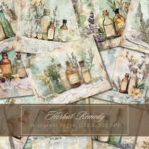 Kit de diário de lixo de poções botânicas Página de diário de ervas Vintage Apothecary Papel para impressão para scrapbooking Folha de colagem de alquimia em aquarela