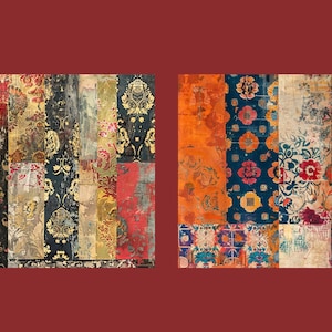 Puede incluir: Dos paneles de tela de patchwork coloridos con una variedad de patrones florales y geom&eacute;tricos. Los paneles est&aacute;n hechos de diferentes telas y colores, incluyendo rojo, azul, verde, amarillo y naranja. La tela est&aacute; desgastada y descolorida, lo que le da un aspecto vintage.