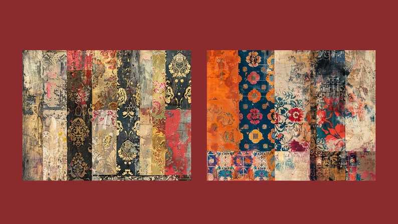 Puede incluir: Dos paneles de tela de patchwork coloridos con una variedad de patrones florales y geom&eacute;tricos. Los paneles est&aacute;n hechos de diferentes telas y colores, incluyendo rojo, azul, verde, amarillo y naranja. La tela est&aacute; desgastada y descolorida, lo que le da un aspecto vintage.