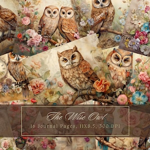 Hiboux et fleurs Junk Journal Kit vintage Ephemera Journal Birds Papier numérique pour Scrapbooking Owl Floral Printable Collage Sheets