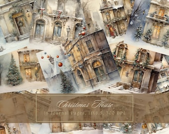 May include: A collage of 10 watercolor illustrations of snow-covered European buildings decorated for Christmas. The illustrations are arranged in a grid pattern and feature details like wreaths, garlands, and red ornaments. The text "Christmas House 10 Journal Pages 11x8.5, 300 DPI" is at the bottom of the collage.