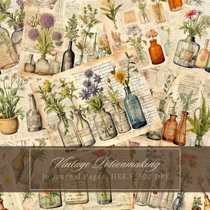 Botanische drankjes Junk Journal Kit Herbal Journal Pagina Vintage apotheker afdrukbaar papier voor scrapbooking aquarel alchemie collage blad