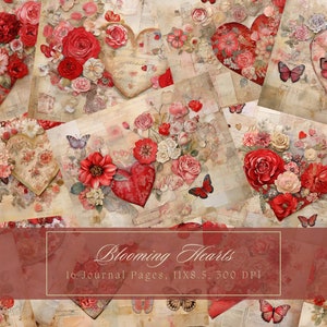Blumen Herzen Junk Journal Kit Vintage Liebesbrief digitales Papier für Scrapbooking Vintage Valentine Blumen Ephemera Schmetterling Journal Seite