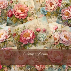 Peonies Junk Journal Kit Vintage Ephemera Journal Papel digital para Scrapbooking Floral Imprimible Shabby Pages Descarga instantánea