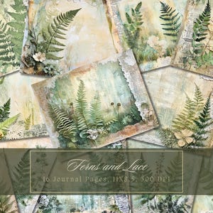 Kit de diario de helechos con hojas verdes, estilo vintage, botánico, silvestre, con diseño de bosque, papel digital, encaje, para álbumes de recortes, páginas vintage para imprimir y hacer diseños shabby