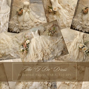 Hochzeit Kleid Junk Journal Kit Vintage Spitze Ephemera Printable Floral Digitales Papier für Scrapbooking Weiße Blume Collage Sheets Shabby Chic