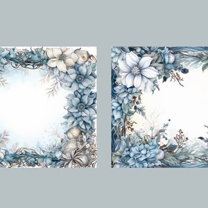 May include: Two watercolor floral frames with blue and white flowers, leaves, and vines. The frames are perfect for adding a touch of elegance to your designs.