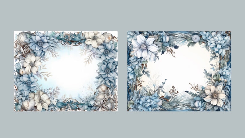 May include: Two watercolor floral frames with blue and white flowers, leaves, and vines. The frames are perfect for adding a touch of elegance to your designs.