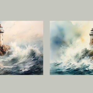 May include: Two watercolor paintings of a lighthouse on a rocky island in a stormy sea. The lighthouse is white with a red roof and a black lantern. The waves are crashing against the rocks and the sky is cloudy.