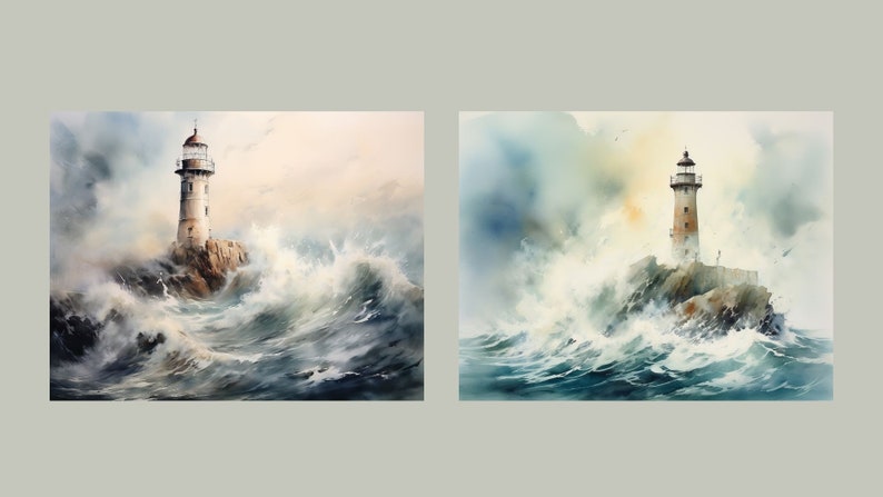 May include: Two watercolor paintings of a lighthouse on a rocky island in a stormy sea. The lighthouse is white with a red roof and a black lantern. The waves are crashing against the rocks and the sky is cloudy.