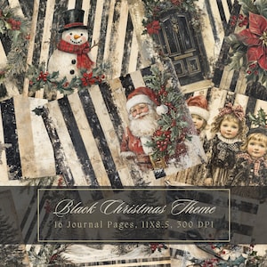 Kit diario di Natale nero, pupazzo di neve, vintage, effimero, diario di Babbo Natale, carta digitale, scrapbooking, pagine rustiche stampabili, shabby chic