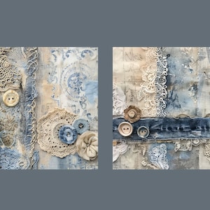 May include: Two square pieces of art featuring a mixed media collage of denim, lace, fabric, and buttons in shades of blue, white, and brown.