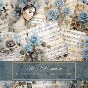 Blauwe rozen ongewenste Journal Kit muziekpartituren Vintage Ephemera Journal digitale papier Scrapbooking afdrukbare Shabby pagina's Journal Kit Shabby Chic