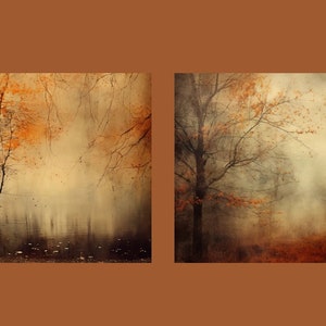 Puede incluir: Dos fotograf&iacute;as art&iacute;sticas de un bosque brumoso con &aacute;rboles desnudos en oto&ntilde;o. La primera imagen muestra un grupo de &aacute;rboles con hojas naranjas en primer plano. La segunda imagen muestra un solo &aacute;rbol con hojas naranjas en primer plano y una bandada de p&aacute;jaros volando por encima.