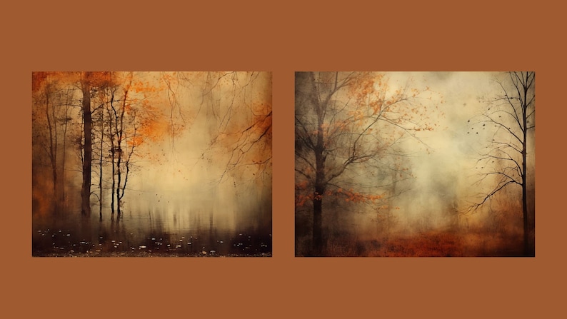 Puede incluir: Dos fotograf&iacute;as art&iacute;sticas de un bosque brumoso con &aacute;rboles desnudos en oto&ntilde;o. La primera imagen muestra un grupo de &aacute;rboles con hojas naranjas en primer plano. La segunda imagen muestra un solo &aacute;rbol con hojas naranjas en primer plano y una bandada de p&aacute;jaros volando por encima.
