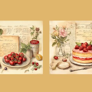 May include: Two vintage-style illustrations of desserts. The left image shows a small, round cake with a red glaze, surrounded by red cherries and a handwritten recipe. The right image shows a strawberry cake with a pink frosting, surrounded by strawberries and a handwritten recipe.