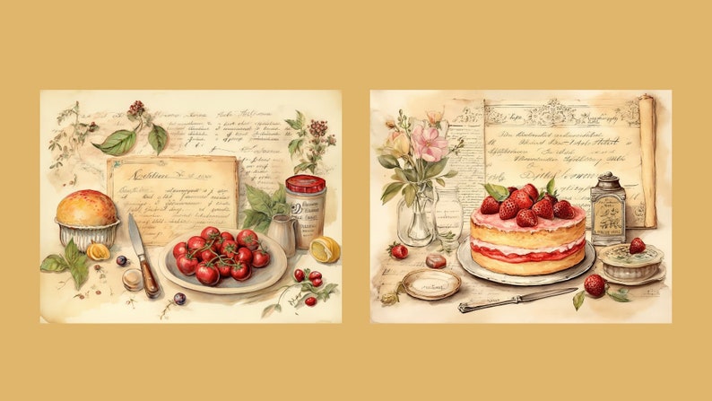 May include: Two vintage-style illustrations of desserts. The left image shows a small, round cake with a red glaze, surrounded by red cherries and a handwritten recipe. The right image shows a strawberry cake with a pink frosting, surrounded by strawberries and a handwritten recipe.