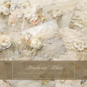 Shabby Chic Junk Journal Kit Beige Vintage Spitze Ephemera Collage Blätter druckbare weiße Blume digitales Papier Scrapbooking Perlen Blumenseiten
