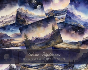 Nachthimmel Junk Journal Papier Aquarell Berge Journal Seiten Mond Himmel Ephemera Nacht Landschaft druckbare Scrapbooking Papier