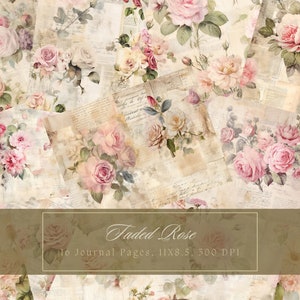 Kit de diario basura de rosas descoloridas Flores Vintage Ephemera Neutral Journal Papel digital para Scrapbooking Floral Imprimible Rosa Shabby Pages