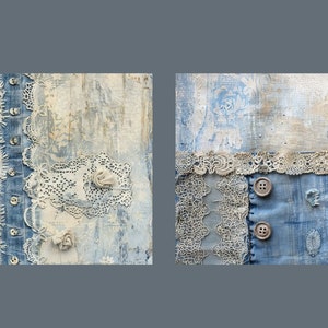 May include: Two square canvases with a mixed media collage of blue denim, white lace, and beige fabric. The canvases have a distressed, vintage look with visible brushstrokes and texture.