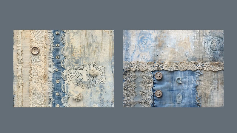 May include: Two square canvases with a mixed media collage of blue denim, white lace, and beige fabric. The canvases have a distressed, vintage look with visible brushstrokes and texture.