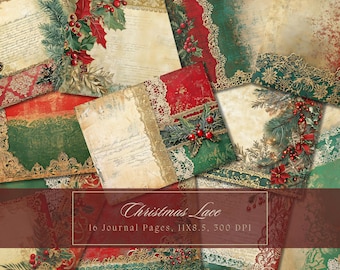 Christmas Lace Junk Journal Kit Vintage Shabby Chic Collage Sheets Printable Red and Green Grunge Digital Paper Scrapbooking Pages Ephemera
