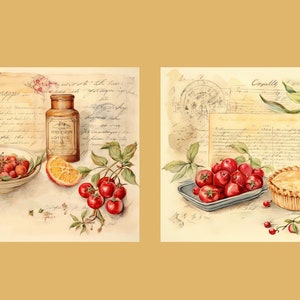 May include: Two vintage-style illustrations featuring red berries and a pie. The first image shows a bowl of red berries, a bottle of lotion, and an orange slice. The second image shows a pie, a bowl of red berries, and a silver container.