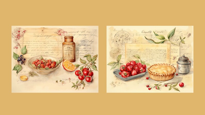 May include: Two vintage-style illustrations featuring red berries and a pie. The first image shows a bowl of red berries, a bottle of lotion, and an orange slice. The second image shows a pie, a bowl of red berries, and a silver container.