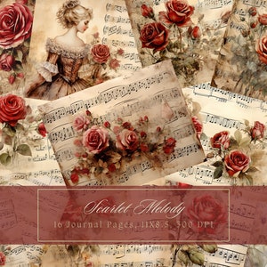 Vintage Roses Music Junk Journal Kit Vintage Ephemera Journal Papel digital para Scrapbooking Imprimible Shabby Pages Journal Kit Shabby Chic