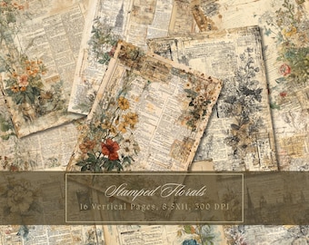 FloralJunk Journal Kit Floral Double Vintage Pages Flower Digital Paper Scrapbooking Bouquet Shabby Pages Flowers Newspaper Printable