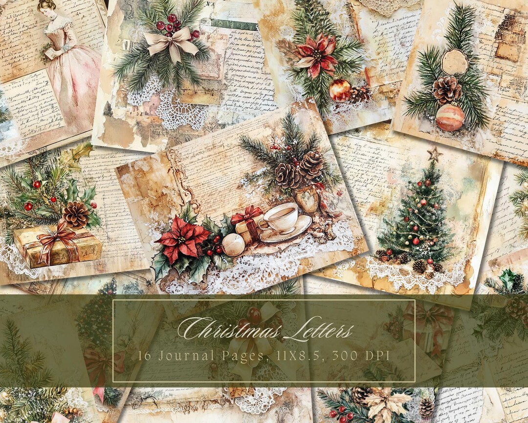 Christmas Mixed Media Junk Journal Kit Noel Backgrounds Letter Lace ...