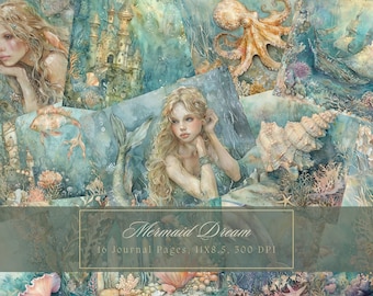 Meerjungfrau Junk Journal Kit Ozean Digitales Papier für Scrapbooking Aquarell Meer Digitales Papier Marine Journal Seiten druckbare Unterwasserseite