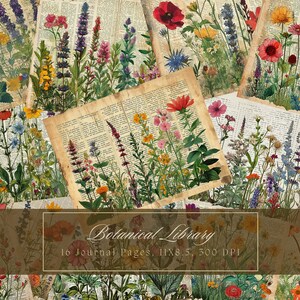 Kit de diário de flores silvestres, diário duplo floral, páginas de flores, papel digital, buquê de scrapbooking, páginas gastas, flores, livro antigo para impressão