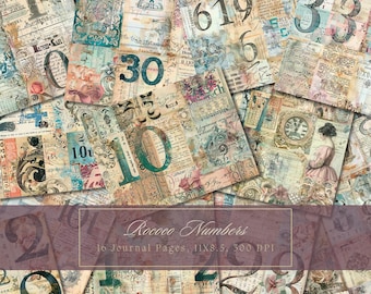 Kit de diario basura con collage bohemio, hojas shabby chic, imprimibles, números pastel, papel digital bohemio, fondos para scrapbooking, efímeras vintage