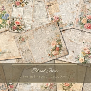 Puede incluir: Una colección de páginas de diario de estilo vintage con diseños florales. Las páginas presentan fondos de periódico envejecido con delicadas flores de acuarela en tonos rosa, amarillo y azul. El texto "Floral News" es visible.