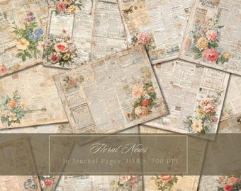 Kit diario FloralJunk con doppie pagine vintage floreali, carta digitale per scrapbooking, bouquet, pagine shabby, fiori, giornali stampabili