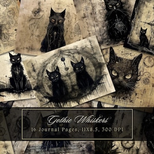 Kit de journal indésirable chat noir pages gothiques chaton foncé papier numérique Halloween scrapbooking collage feuilles sorcières chats vintage éphémères fantastique