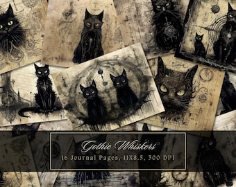 Black Cat Junk Journal Kit Páginas Góticas Gatito Oscuro Papel Digital Halloween Scrapbooking Collage Hojas Brujas Gatos Vintage Ephemera Fantasía
