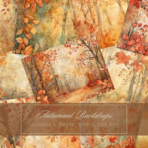 Kit di diario spazzatura della foresta autunnale dell'acquerello Carta digitale stampabile per alberi autunnali per scrapbooking Pagine di diario con foglie arancioni Sfondi autunnali
