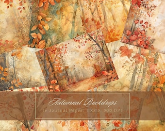 Op de afbeelding: Tien digitale journalpagina's met aquarel illustraties van herfstbos scènes in tinten bruin, oranje en geel. De tekst "Autumnal Backdrops" en "10 Journal Pages, 11x8.5, 300 DPI" wordt onderaan de afbeelding weergegeven.