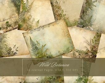 May include: Ten digital journal pages with a vintage, botanical theme. The pages feature a distressed, aged paper background with faded green ferns and leaves. The text "Wild Botanica" and "10 Journal Pages, 11x8.5, 300 DPI" is displayed at the bottom of the image.
