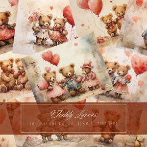 Aquarell Teddybären Junk Journal Kit Vintage Romantik Digitales Papier Scrapbooking Herzen Ephemera Romantische Journal Seite Sofort Download