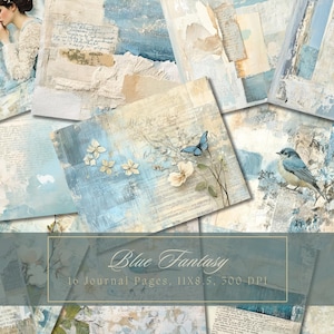Blue Collage Junk Journal Kit Floral Digital Paper Texture Grunge Sheets Scrapbooking Vintage Ephemera Shabby Pages Journal Instant Download