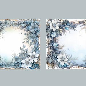 May include: Two watercolor illustrations of floral frames with blue and white flowers. The frames are empty and ready for text or images.