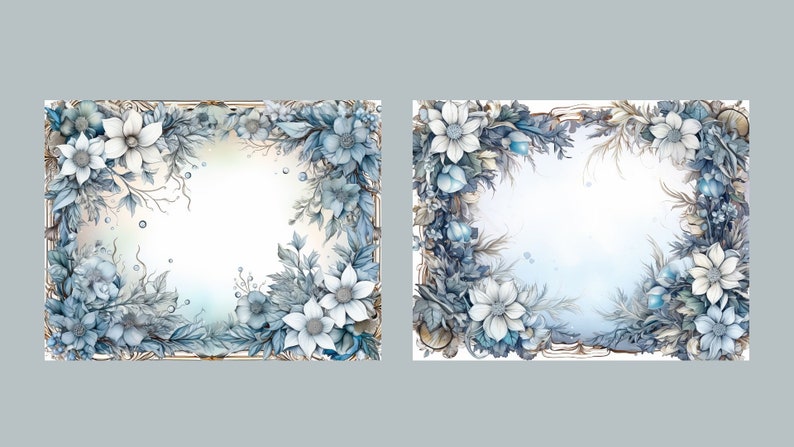May include: Two watercolor illustrations of floral frames with blue and white flowers. The frames are empty and ready for text or images.